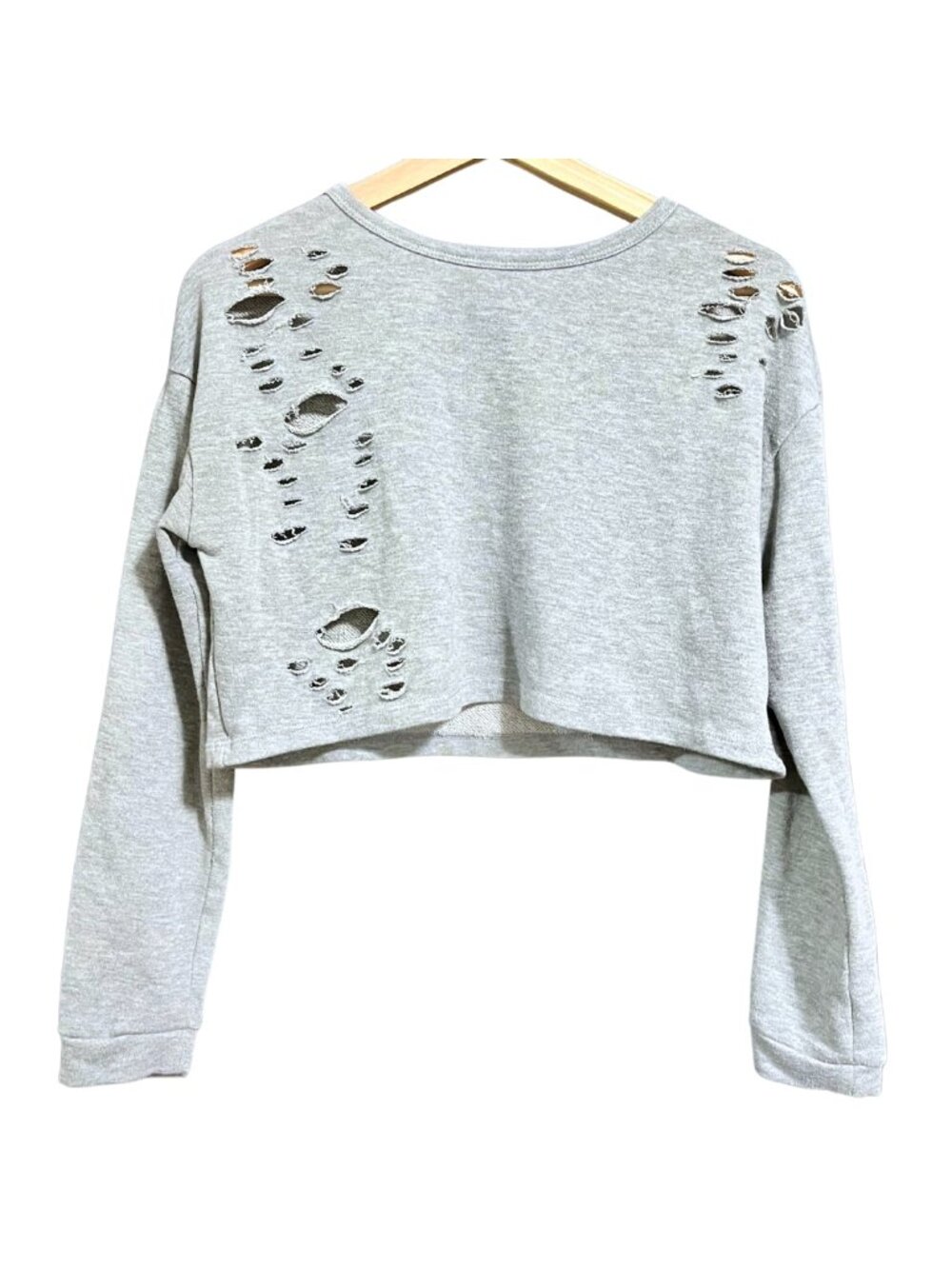 Grey Distressed Cropped Y2K Grunge Crew-Neck Pullover Sweatshirt – S